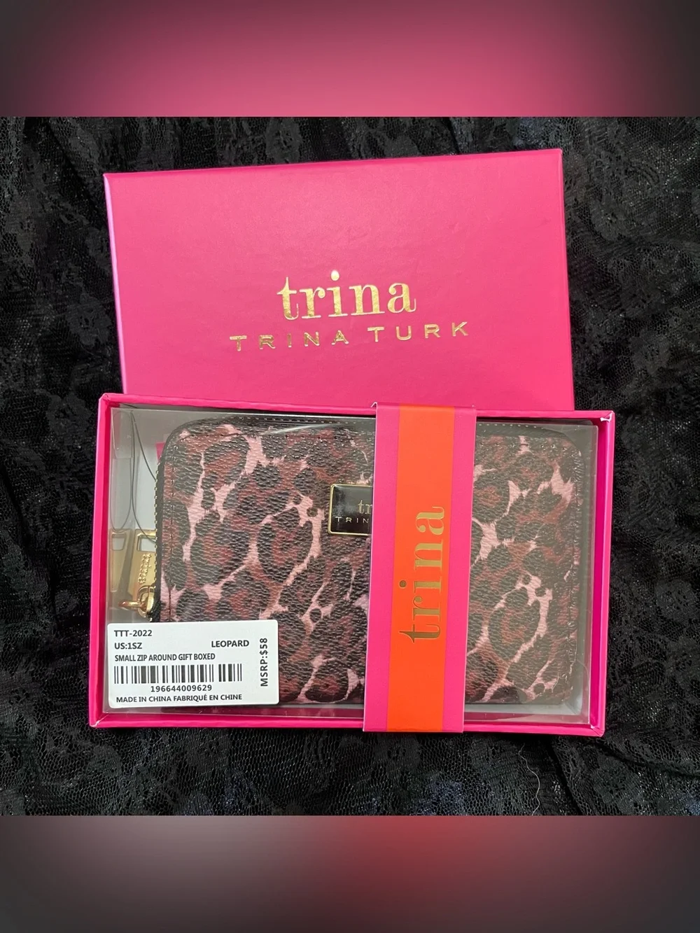Trina Turk Leopard Print Zip Around Wallet Vegan Leather NIB Gold Gift Box